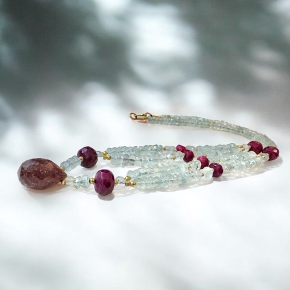 Hand-Faceted Raw Ruby & Aquamarine Gold Over Sterling Necklace - Picture 1 of 6